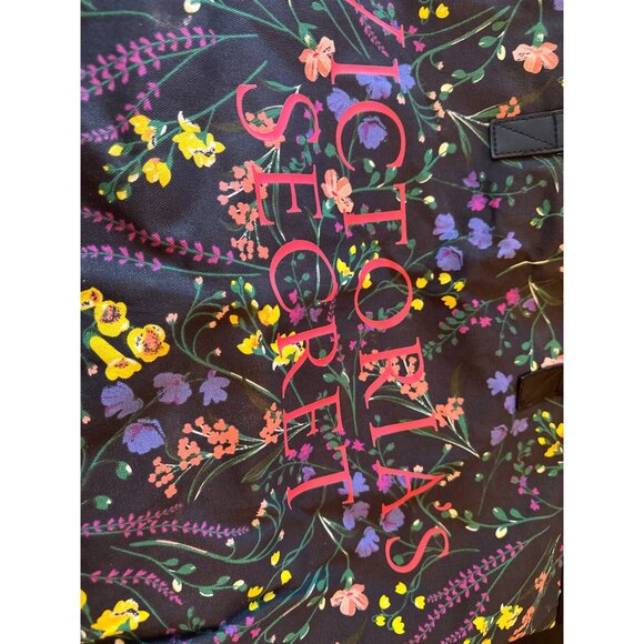 Victorias Secret Black Floral Canvas Tote Bag With Black Straps Zip top - Picture 2 of 4